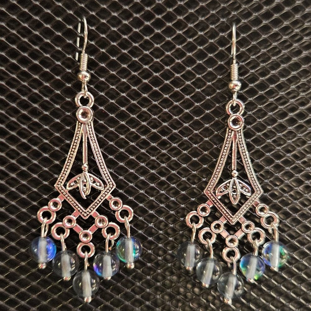 Antique silver kite and smoke/blue mermaid glass/mystic aura chandelier earrings